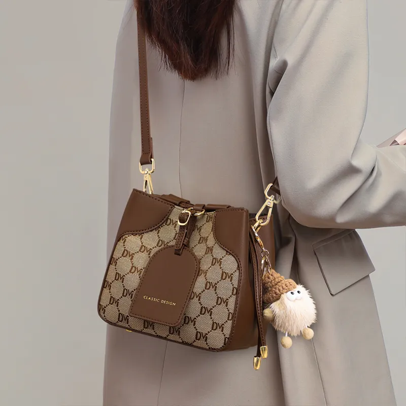 VINEY Fabric Shoulder Bag Crossbody Bag Bucket Bag Small Size Women's Coffee-2