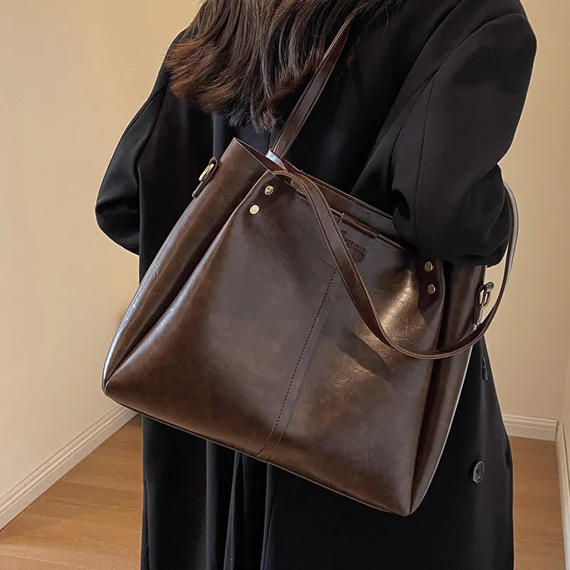 VINEY Synthetic Leather Portable One Shoulder Crossbody Tote Bag, Shopping Bag Large Size Women's Coffee-2