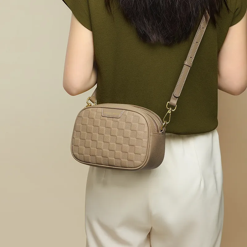 VINEY Cow Leather Shoulder Bag, Crossbody Bag, Small Square Bag Regular Women's Khaki-2