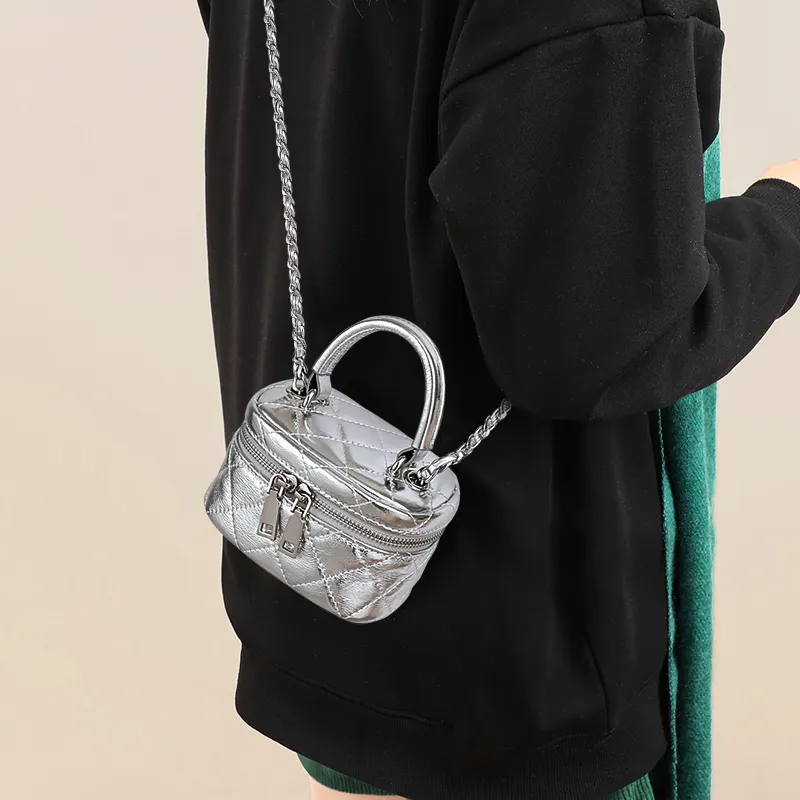 VINEY Cow Leather Shoulder Bag, Crossbody Bag, Box Bag Mini Women's Silver-1