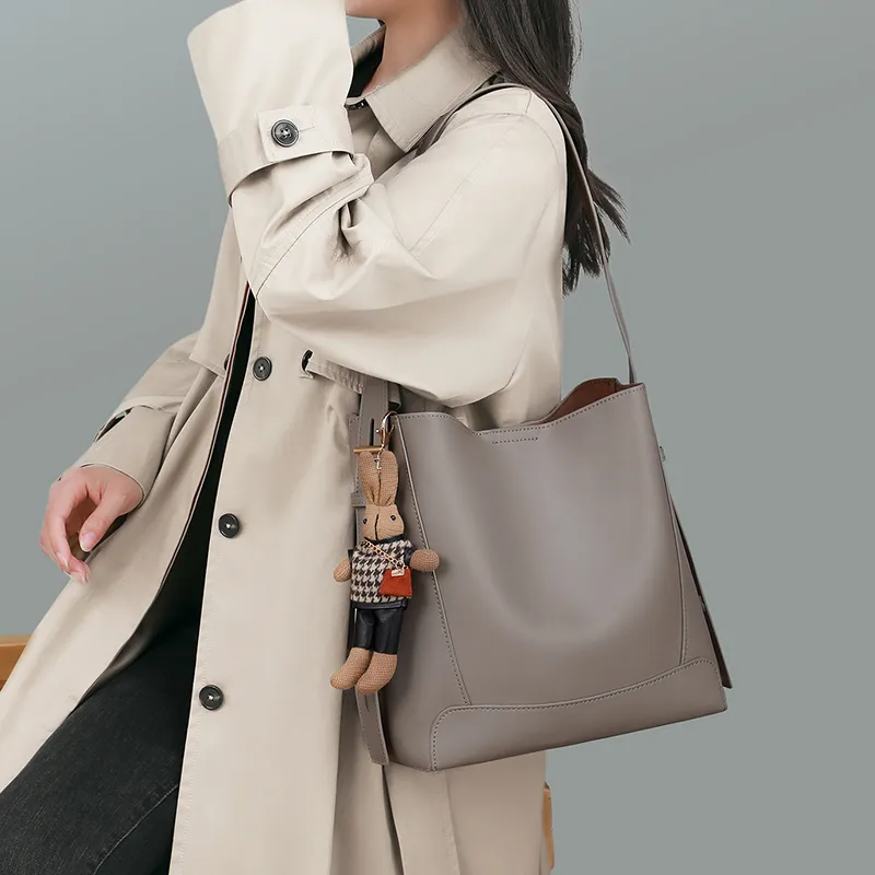 VINEY Cow Leather Patchwork Synthetic Leather Shoulder Bag Crossbody Bag Bucket Bag Large Size Women's Coffee-12