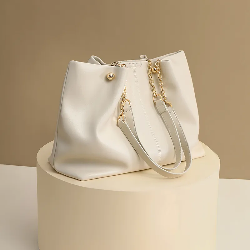 VINEY Cow Leather Handbag Shoulder Bag Tote Bag Shopping Bag Large Size Women's White-3