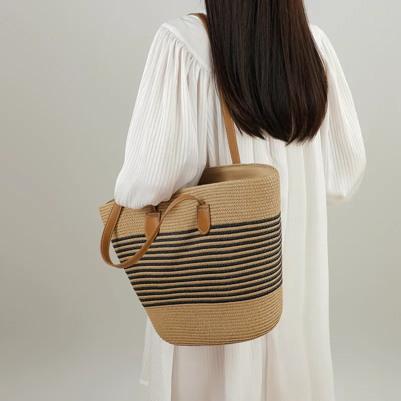 VINEY Fabric Handbag Shoulder Bag Tote Bucket Bag Large Size Women's Brown/Brown Black-7