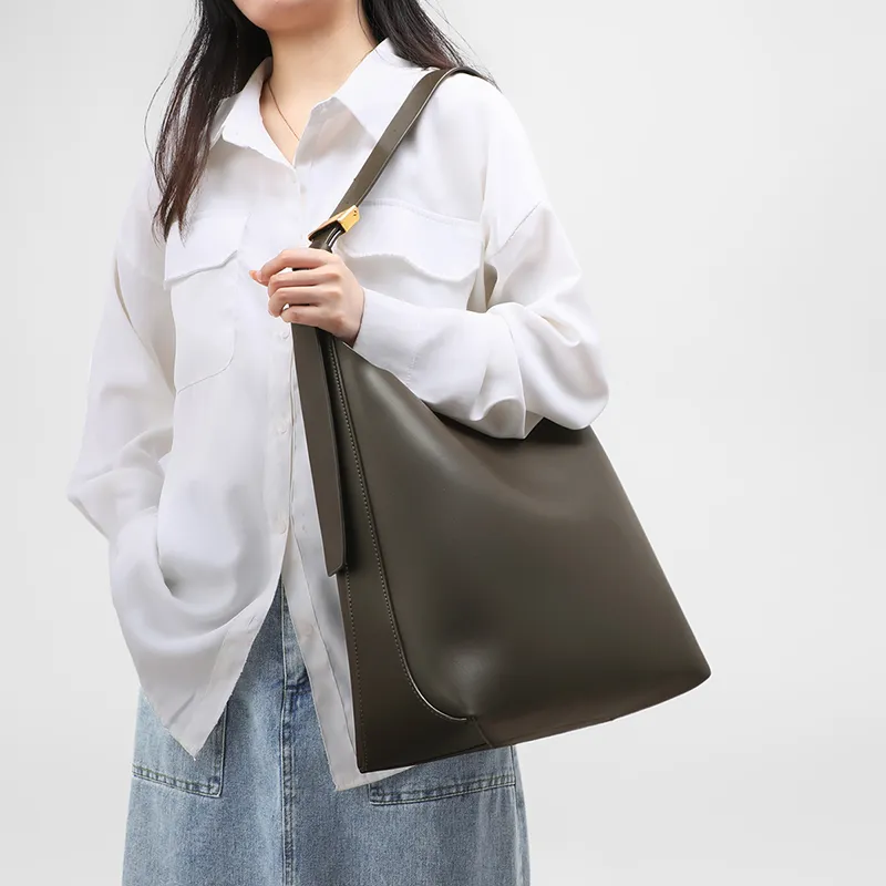 VINEY Cow Leather Shoulder Bag, Crossbody Bag, Shoulder Bag Large Size Women's Dark Moss Green-2