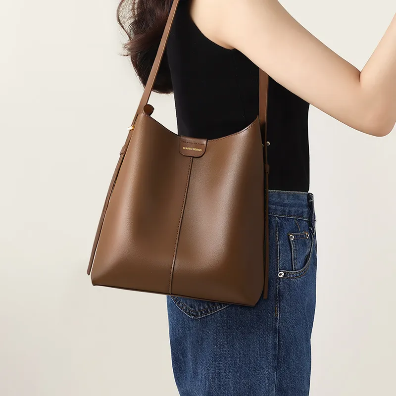 VINEY Cow Leather One Shoulder Crossbody Bucket Bag Regular Women's Coffee-2