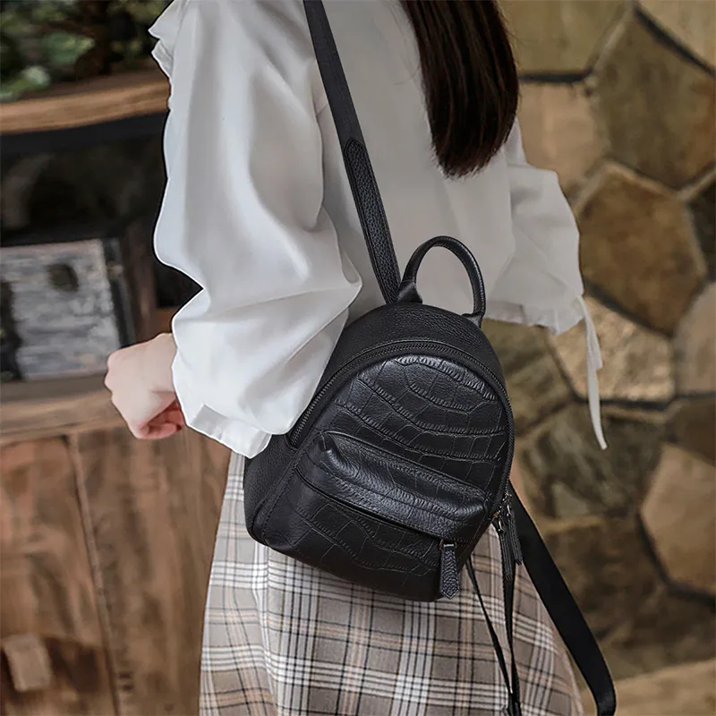 VINEY Cow Leather Patchwork Synthetic Leather Backpack Regular Women's Black-1