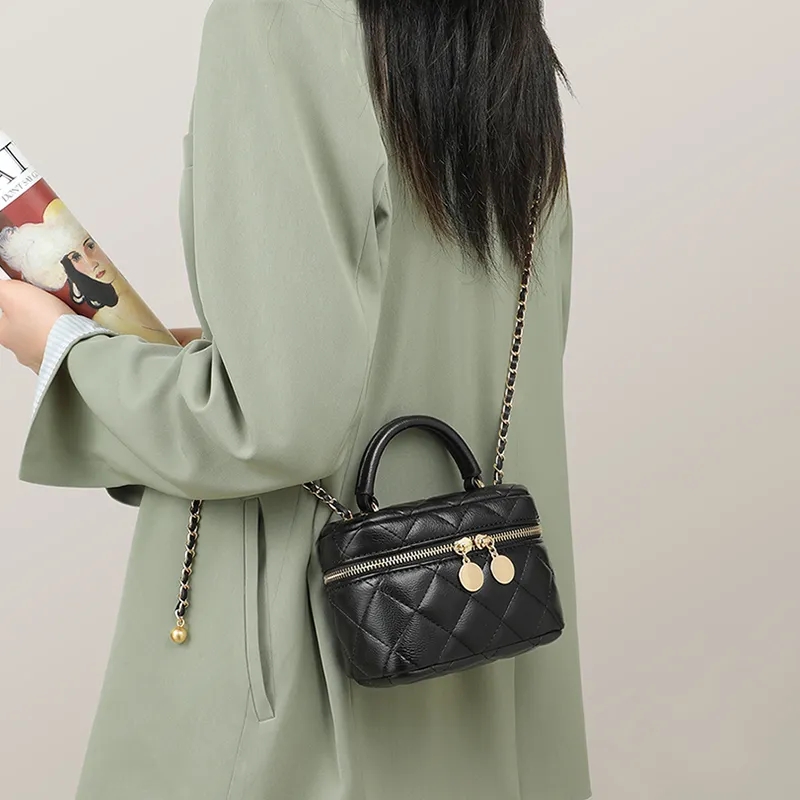VINEY Cow Leather Handbag Shoulder Bag Crossbody Bag Box Bag Small Size Women's Black-1