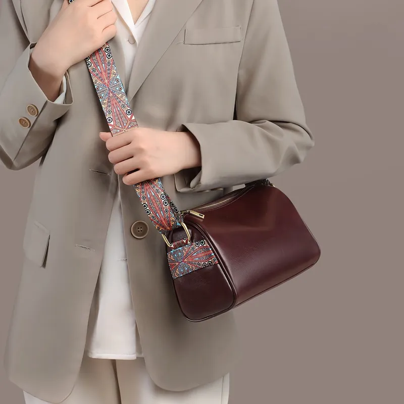 VINEY Cow Leather Patchwork Synthetic Leather Shoulder Bag Crossbody Bag Women's Wine Coffee-4