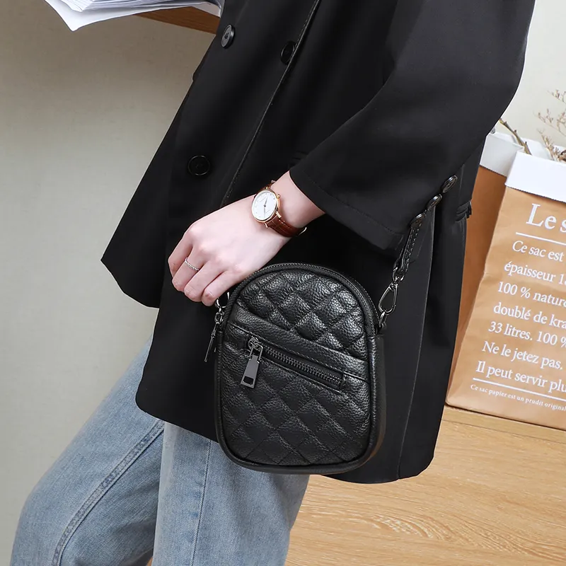 VINEY Cow Leather Shoulder Bag, Crossbody Bag, Cell Phone Pouch Trumpets Women's Black-3
