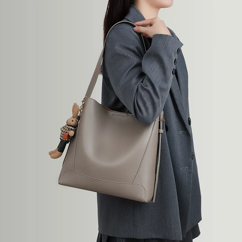 VINEY Cow Leather Patchwork Synthetic Leather Shoulder Bag Crossbody Bag Bucket Bag Large Size Women's Coffee-11