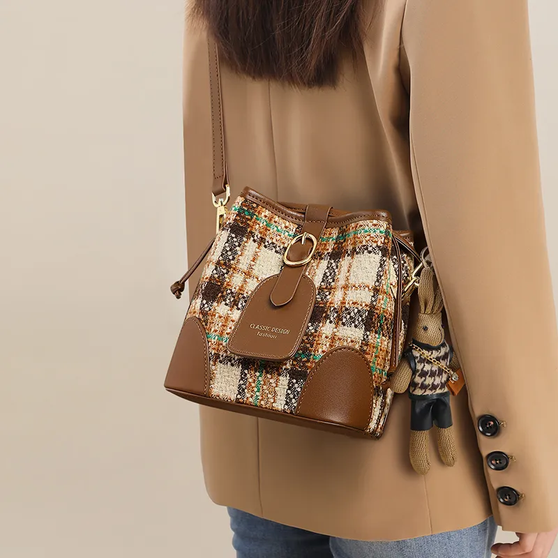 VINEY Fabric Shoulder Bag Crossbody Bag Bucket Bag Small Size Women's Coffee-2