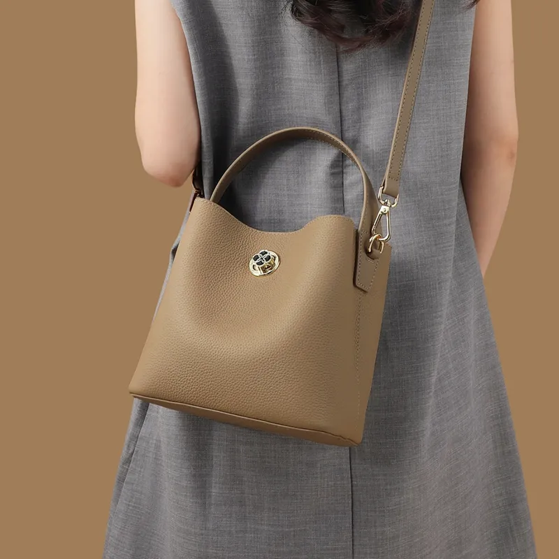 VINEY Cow Leather Handbag, Shoulder Bag, Crossbody Bag, Bucket Bag Medium Size Women's Elephant Gray-2