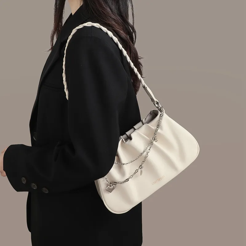 VINEY Cow Leather Shoulder Bag, Crossbody Bag, Crescent Bag Regular Women's Ecru-2