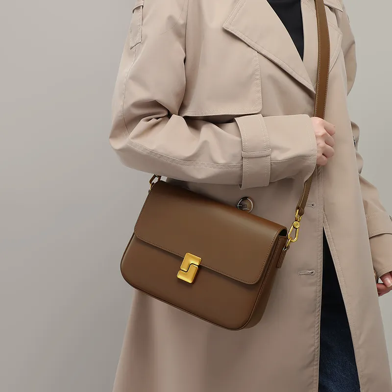 VINEY Cow Leather Shoulder Bag, Crossbody Bag, Tofu Bag Trumpets Women's Coffee-3