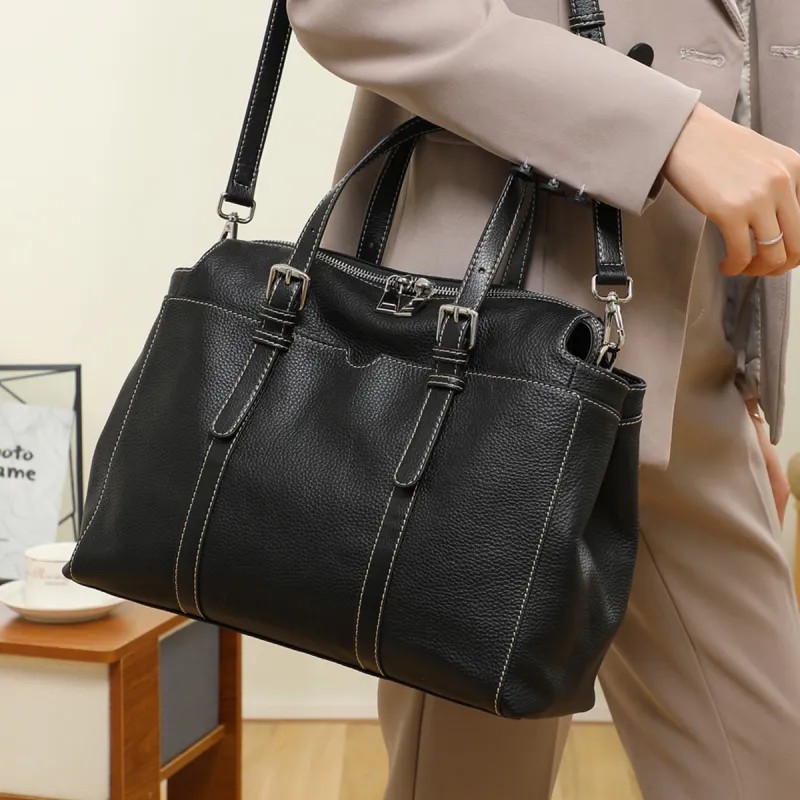 VINEY Cow Leather Tote Bag, Crossbody Bag, Handbag, Shoulder Bag Tubas Women's Black-4