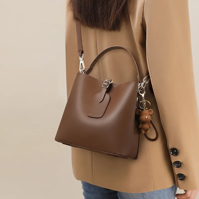 VINEY Cow Leather Handbag One Shoulder Crossbody Bucket Bag Regular Women's Coffee-3
