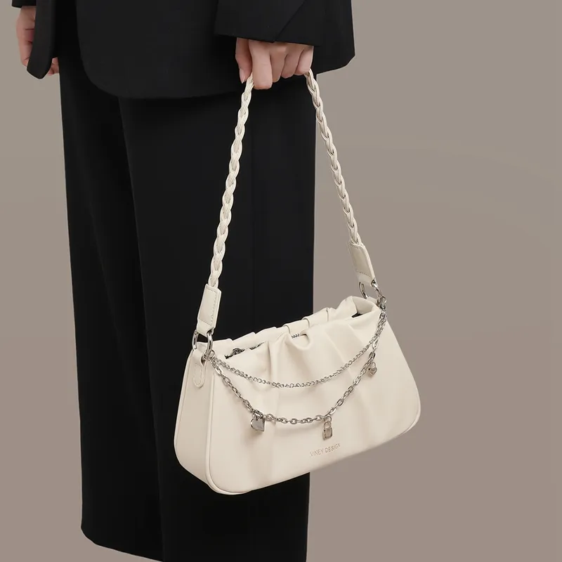 VINEY Cow Leather Shoulder Bag, Crossbody Bag, Crescent Bag Regular Women's Ecru-3
