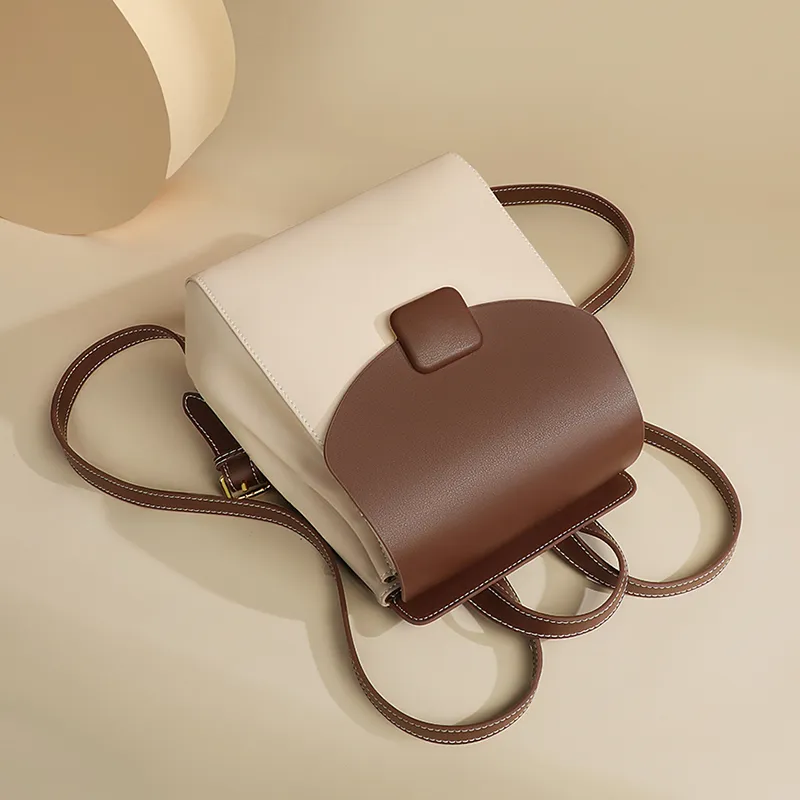 VINEY Cow Leather Backpack Regular Women's White & Coffee-3