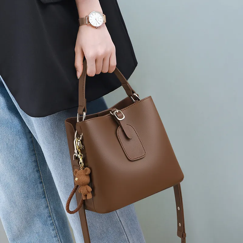 VINEY Cow Leather Handbag One Shoulder Crossbody Bucket Bag Regular Women's Coffee-2