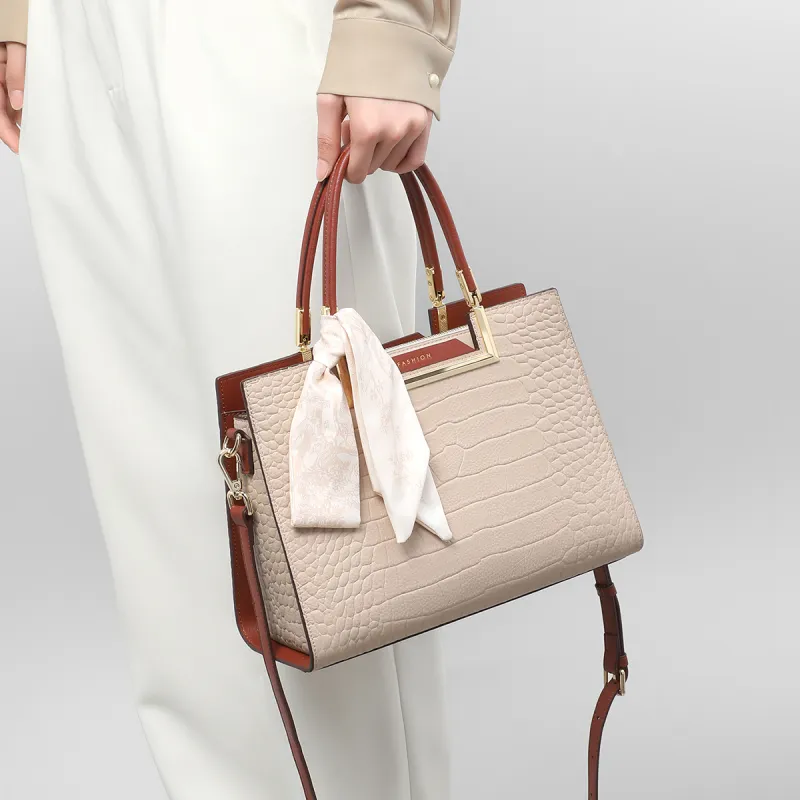 VINEY Cow Leather Patchwork Synthetic Leather Commute Bag One Shoulder Handbag Regular Women's Apricot/Blue-4