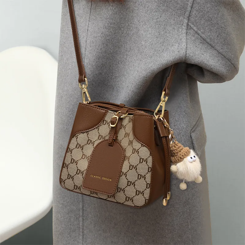 VINEY Fabric Shoulder Bag Crossbody Bag Bucket Bag Small Size Women's Coffee-1