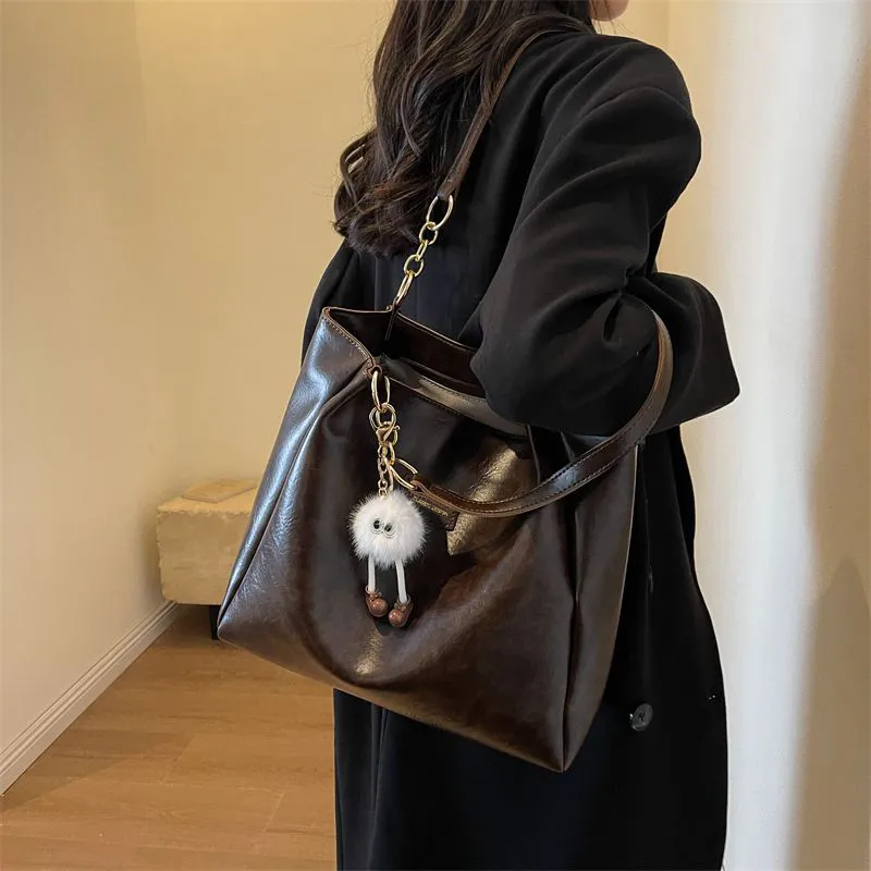 VINEY Synthetic Leather Shoulder Bag Shopping Bag Tote Bag Large Size Women's Coffee-3