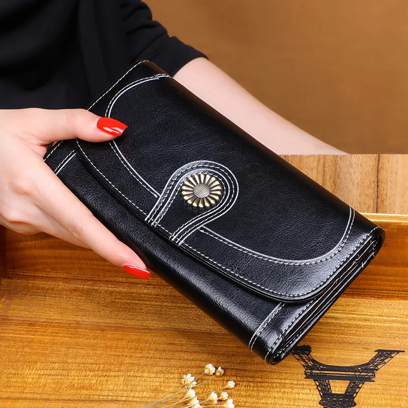 VINEY Cow Leather Wallet Money Clip Card Holder Clutch Small Size Unisex Black-1