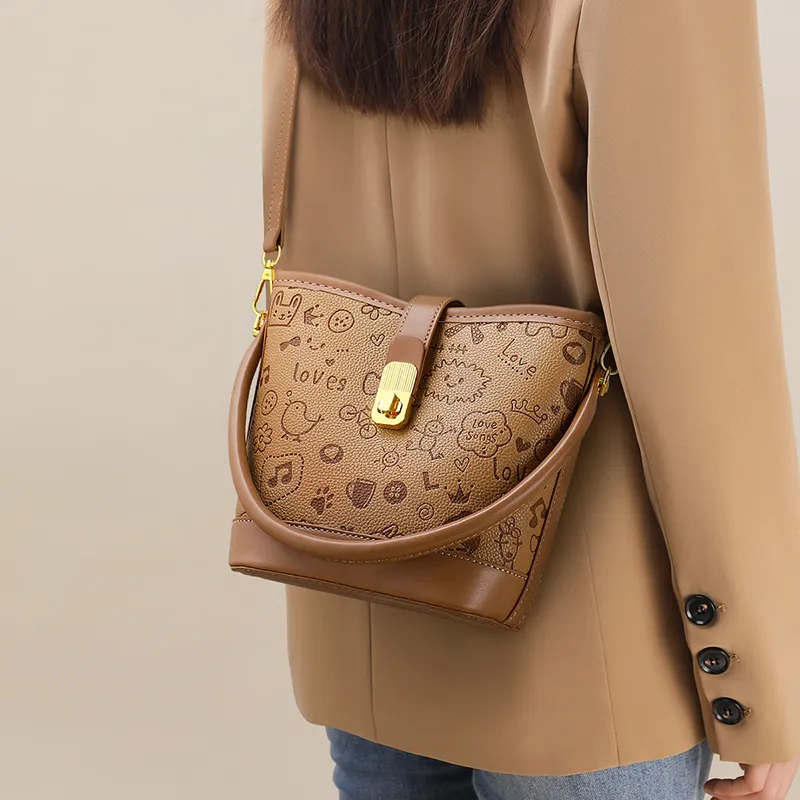 VINEY Synthetic Leather Bucket Bag Handbag Women's Brown-1