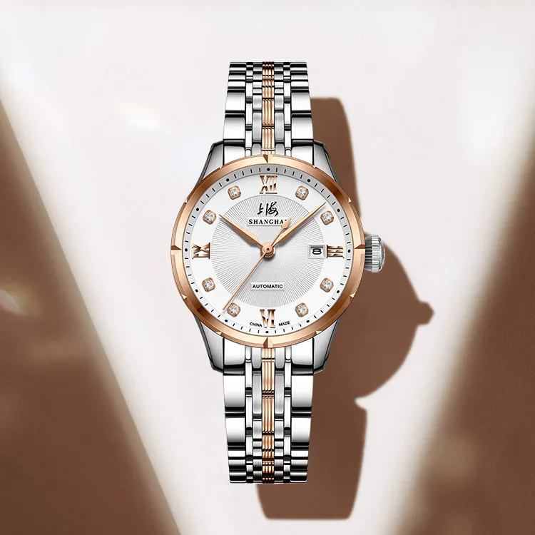 SHANGHAI National Automatic Mechanical Movement Steel Strap Watch Unisex White Dial-4