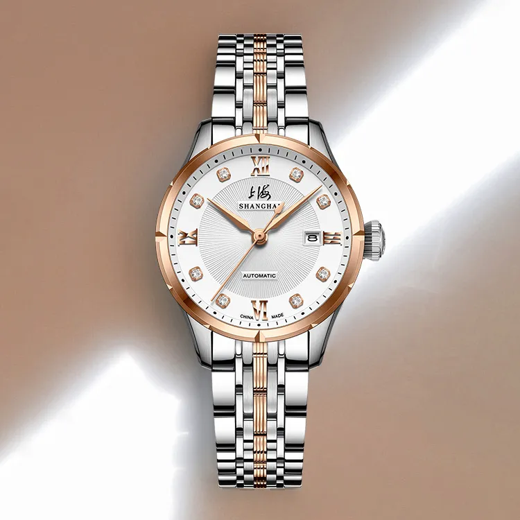 SHANGHAI National Automatic Mechanical Movement Steel Strap Watch Unisex White Dial-7