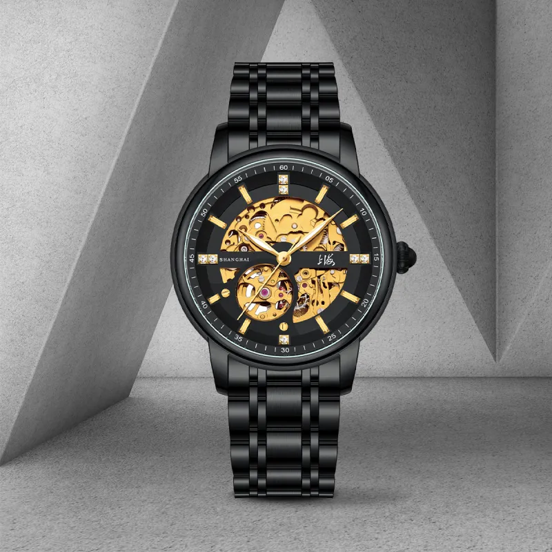 SHANGHAI National Automatic Mechanical Movement Stainless Steel Watchband Watch Men's Watches Cut Out Dial-6