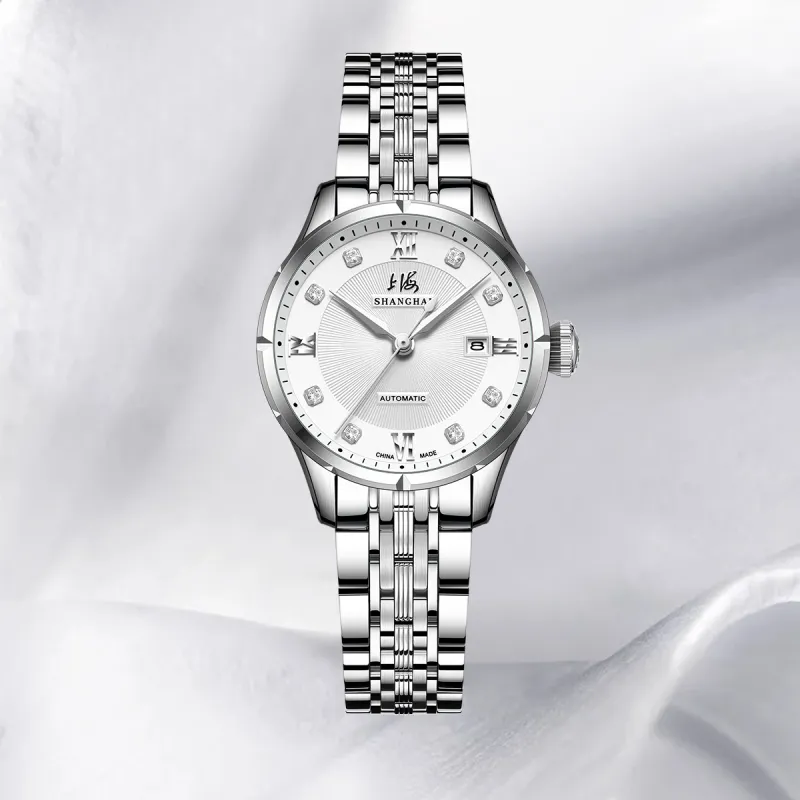 SHANGHAI National Automatic Mechanical Movement Steel Strap Watch Unisex White Dial-29