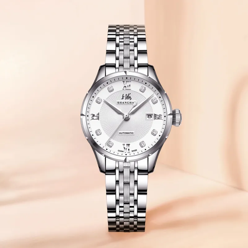 SHANGHAI National Automatic Mechanical Movement Steel Strap Watch Unisex White Dial-32