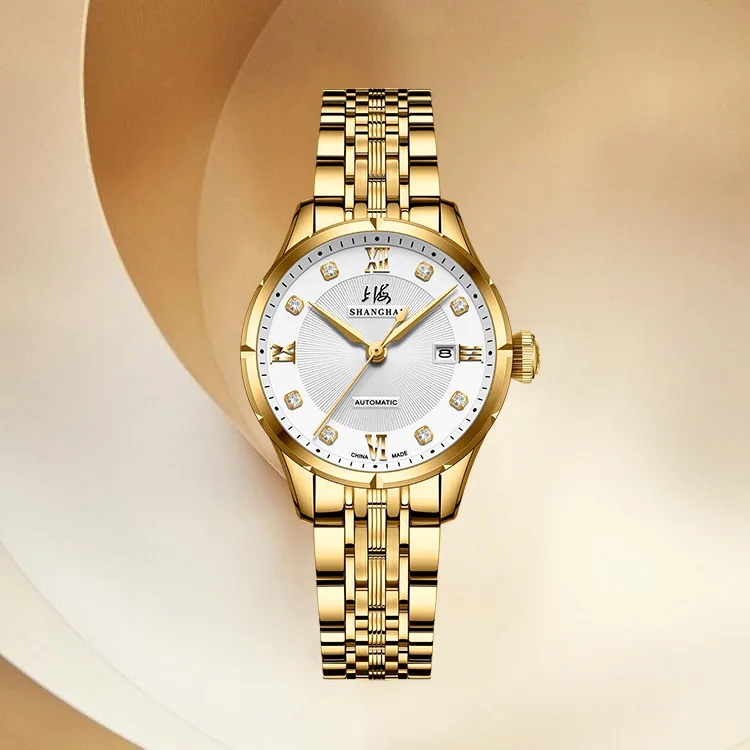SHANGHAI National Automatic Mechanical Movement Steel Strap Watch Unisex White Dial-19