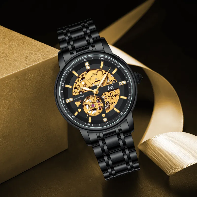 SHANGHAI National Automatic Mechanical Movement Stainless Steel Watchband Watch Men's Watches Cut Out Dial-8