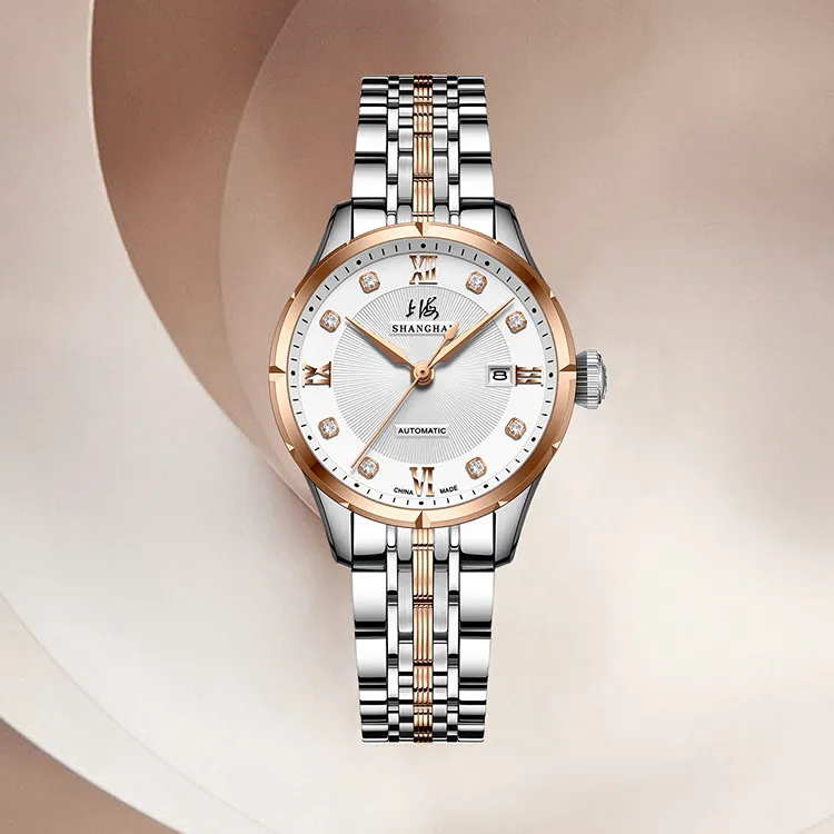 SHANGHAI National Automatic Mechanical Movement Steel Strap Watch Unisex White Dial-5