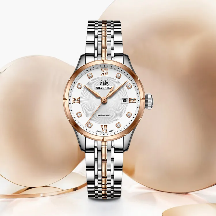 SHANGHAI National Automatic Mechanical Movement Steel Strap Watch Unisex White Dial-6