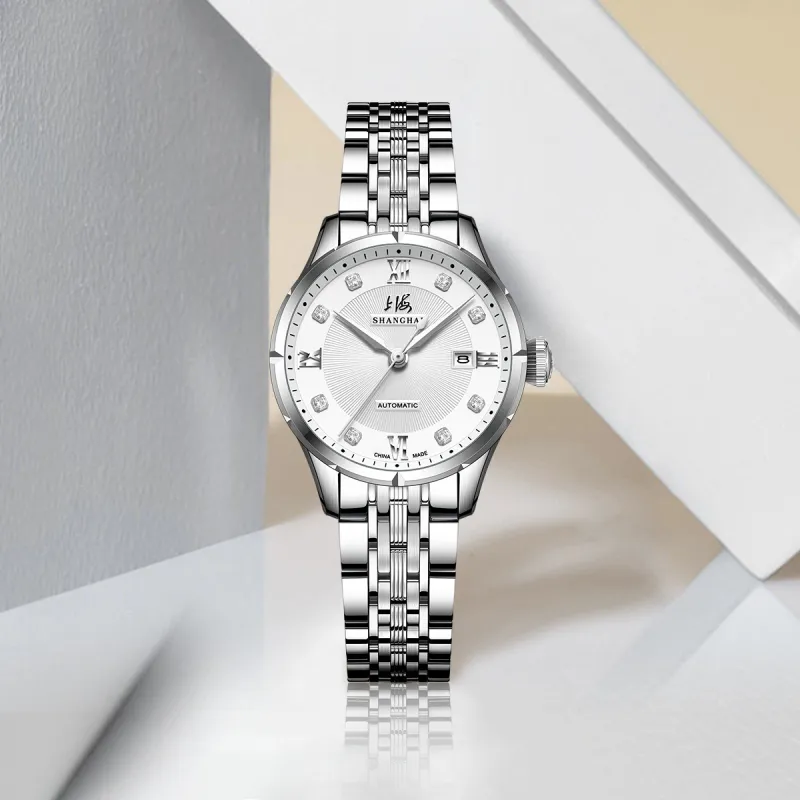SHANGHAI National Automatic Mechanical Movement Steel Strap Watch Unisex White Dial-30