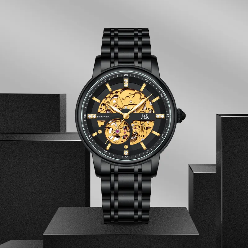 SHANGHAI National Automatic Mechanical Movement Stainless Steel Watchband Watch Men's Watches Cut Out Dial-4