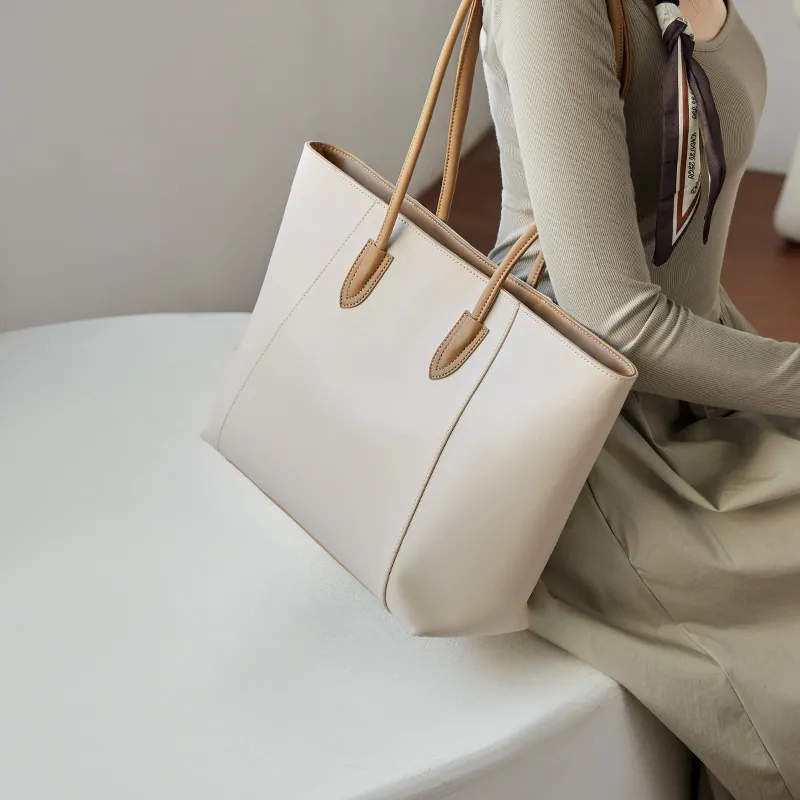 Narandu Cow Leather Tote Bag Shopping Bag Shoulder Bags Large Size Women's Brown/Ecru & Apricot-4