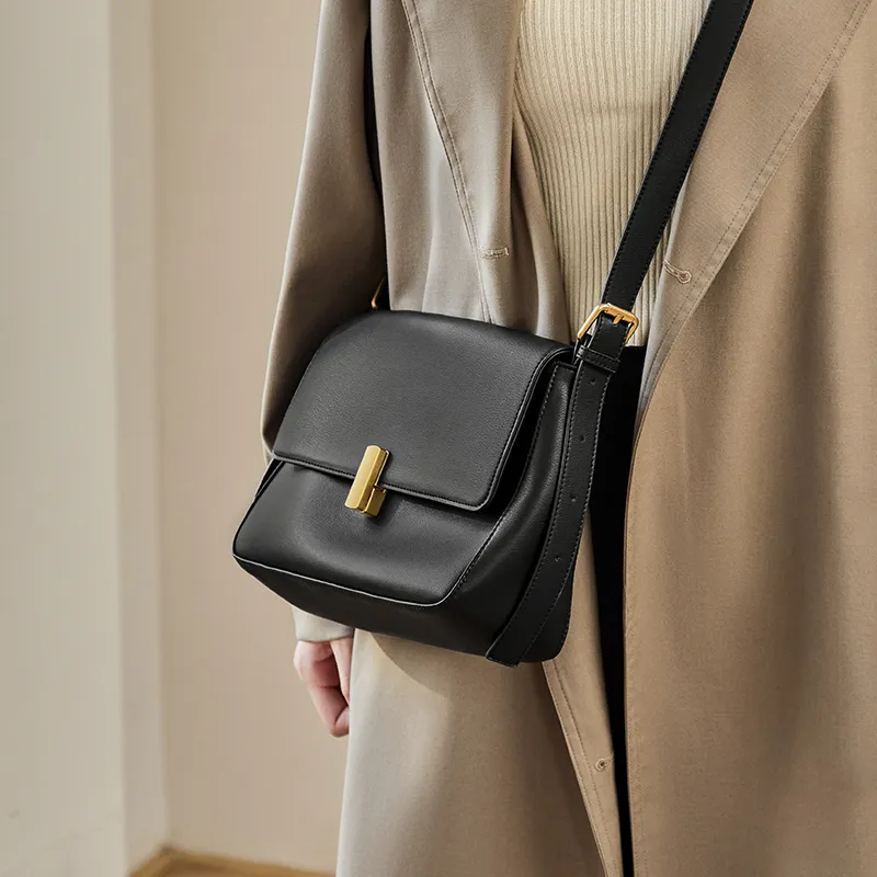 Narandu Cow Leather Small Square Bag Shoulder Bag Medium Size Women's Midnight Black/Caramel Brown/Milk Tea-1