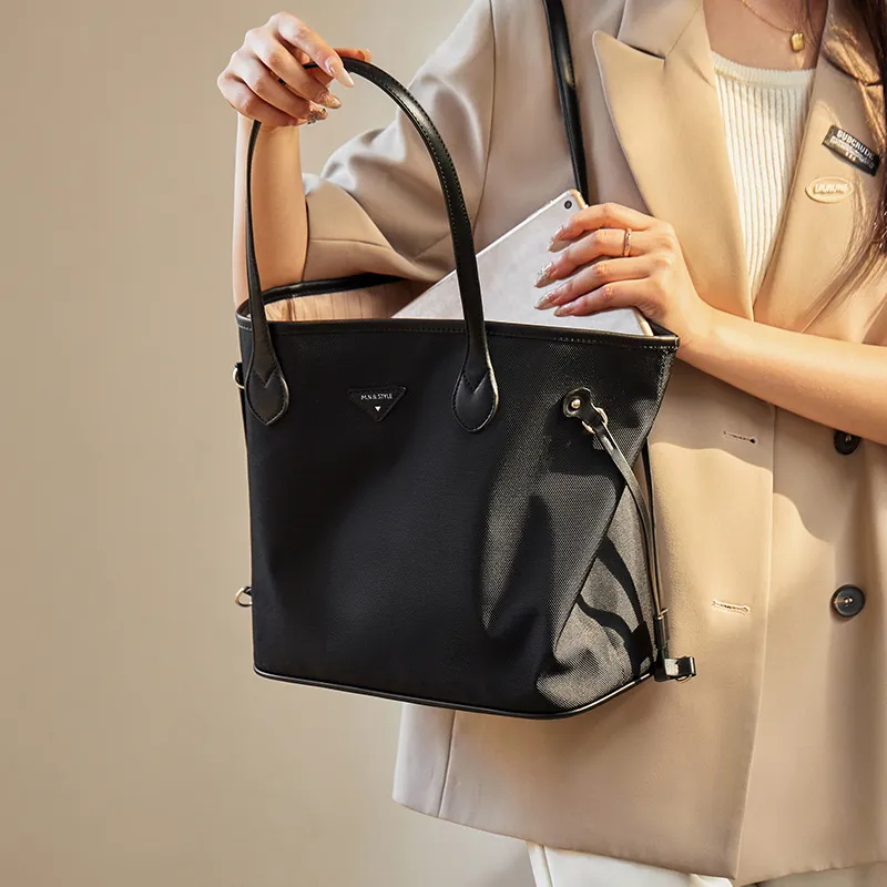Narandu Fabric With Synthetic Leather Tote Bag Shoulder Bag Large Size Women's Khaki/Midnight Black-4