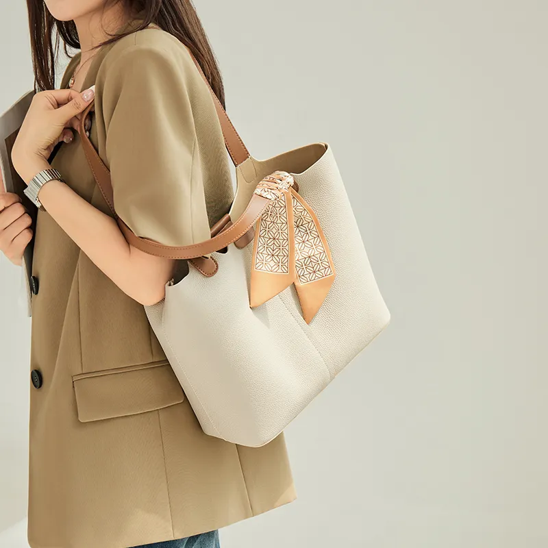 Narandu Cow Leather Tote Bag Shopping Bag Shoulder Bags Women's Milkshake White/Chestnut Brown-5