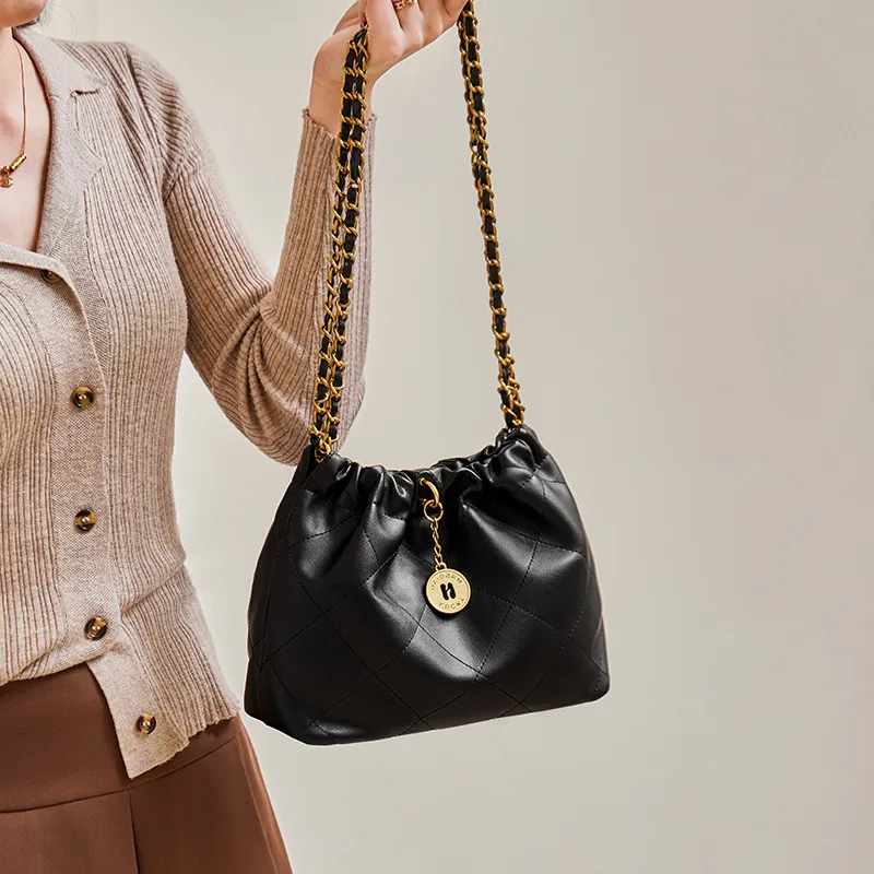 Narandu Cow Leather With Synthetic Leather Chain Bag, Crossbody Bag, Handbag, Shoulder Bag Women's Midnight Black/Ecru-4