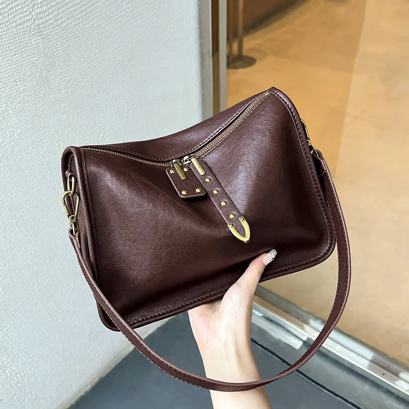 Narandu Cow Leather Patchwork Synthetic Leather Crossbody Bag Medium Size Women's Vegetable Tanned Coffee-5