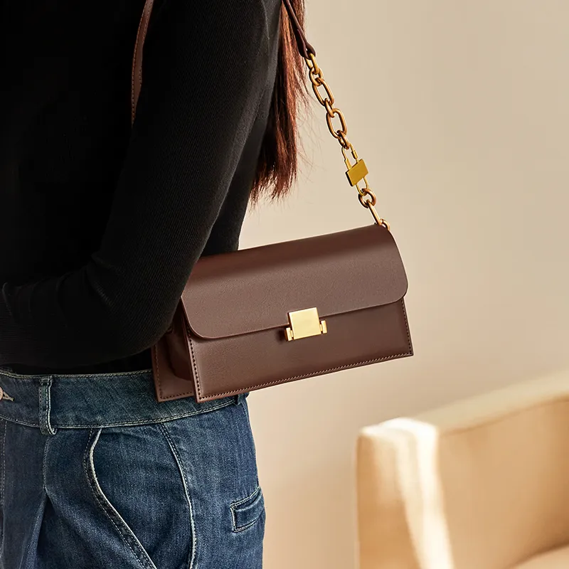 Narandu Cow Leather Patchwork Synthetic Leather Small Square Bag Shoulder Bag Small Size Women's Coffee-3