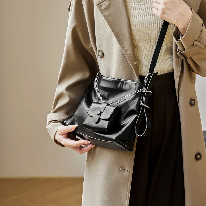 Narandu Synthetic Leather Tote Shoulder Bag Crossbody Bag Large Size Women's Midnight Black/Silver-2
