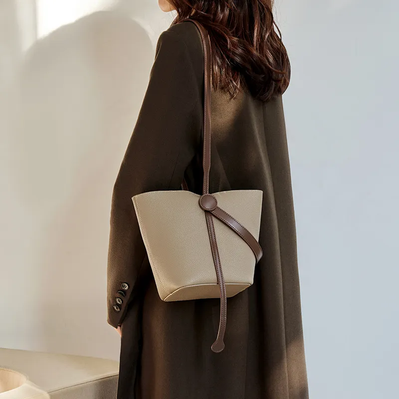 Narandu Cow Leather Bucket Bag, One Shoulder Handbag Small Size Women's Trench Gray-3