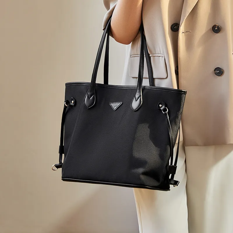 Narandu Fabric With Synthetic Leather Tote Bag Shoulder Bag Large Size Women's Khaki/Midnight Black-2
