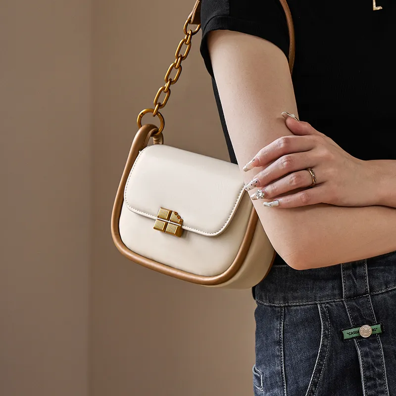 Narandu Synthetic Leather Saddle Bag Small Square Bag Shoulder Bag Crossbody Bag Women's Toffee Brown/Ecru & Brown-4